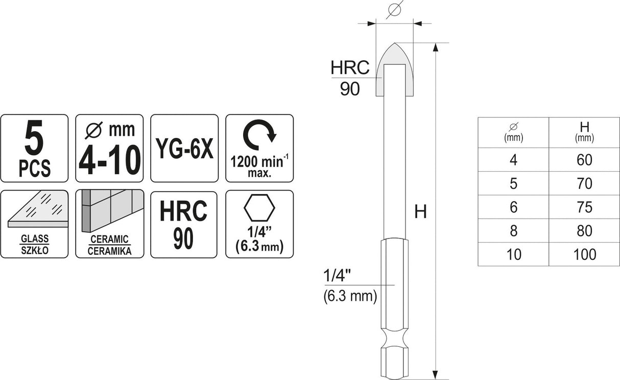 Grąžtų rinkinys stiklui ir keramikai | 6.3 mm (1/4") galu | 4-10 mm | 5 vnt. (21709)