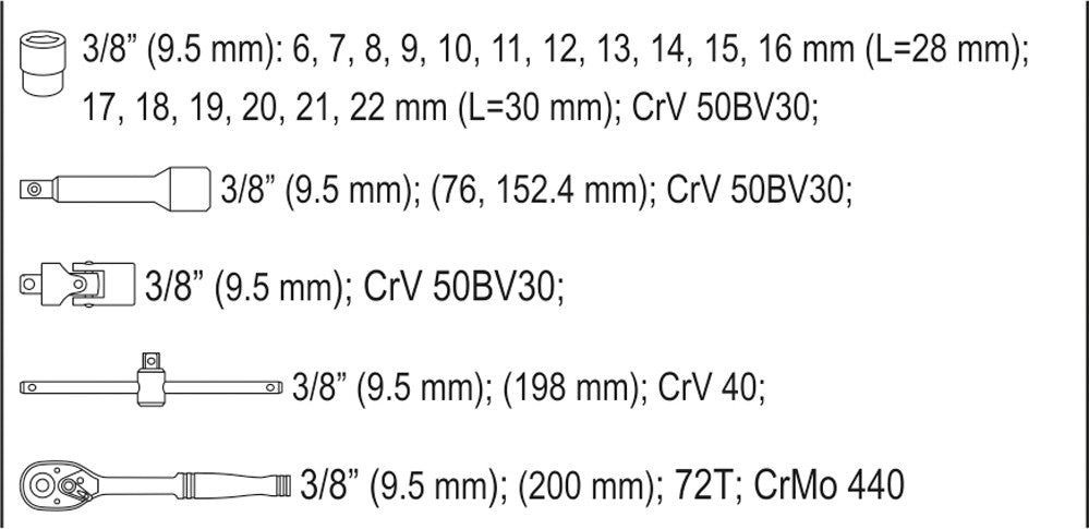 Įrankių komplektas | 10 mm (3/8") | 22 vnt. (YT-38561)