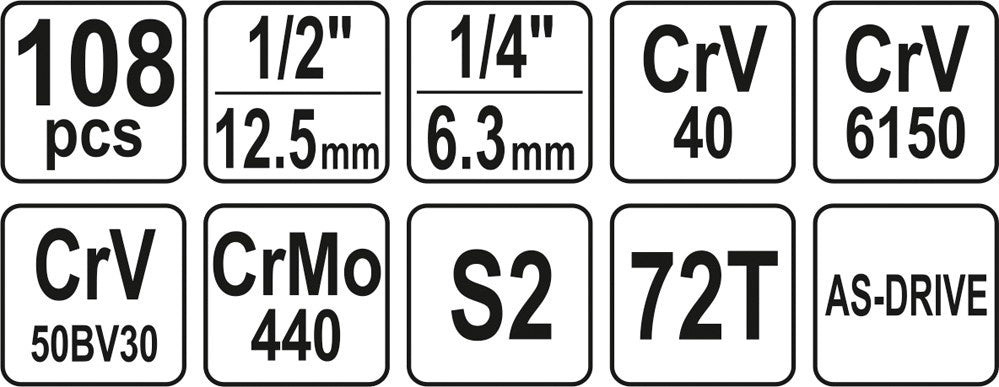 Galvučių ir įrankių rinkinys 1/2" + 1/4" | 108 vnt. (YT-38791)