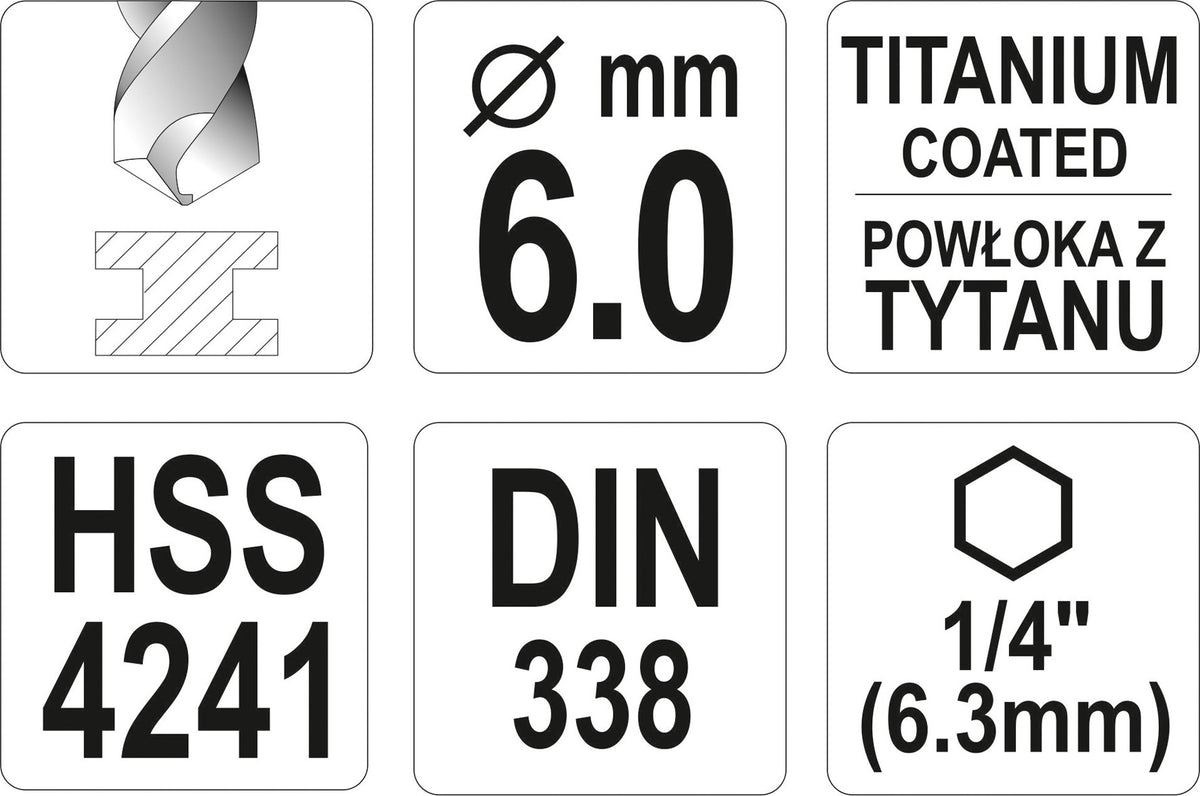 Grąžtas metalui su Hex 6.3 mm (1/4") galu HSS-TiN | 6.0 mm (YT-44764)