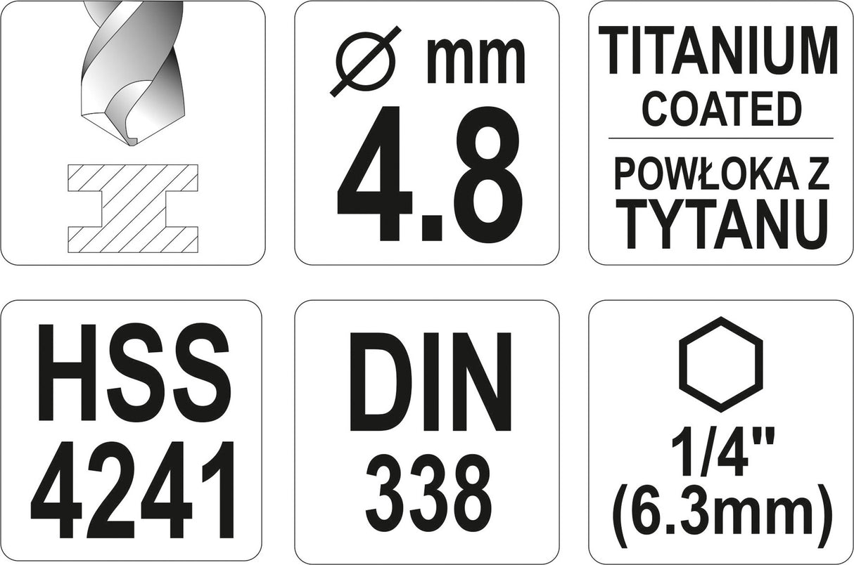 Сверло по металлу с хвостовиком Hex 6.3 mm (1/4") HSS-TiN | 4.8 mm