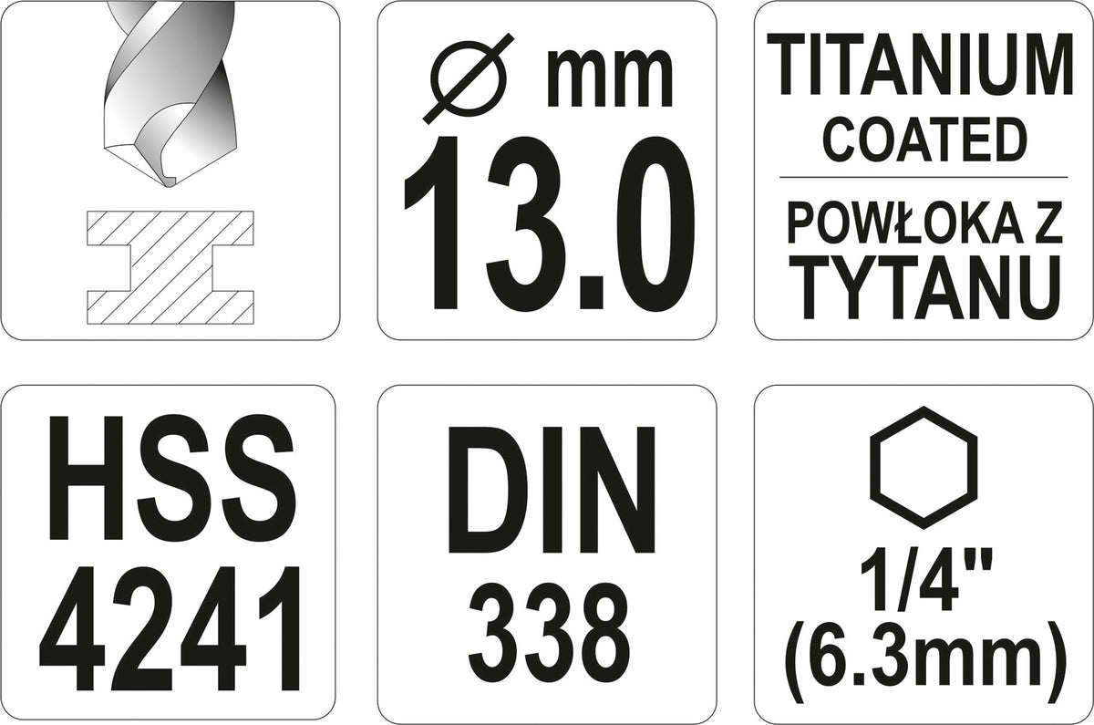METAL DRILL WITH HEX SHANK 13,0MM TITAN (YT-44776)