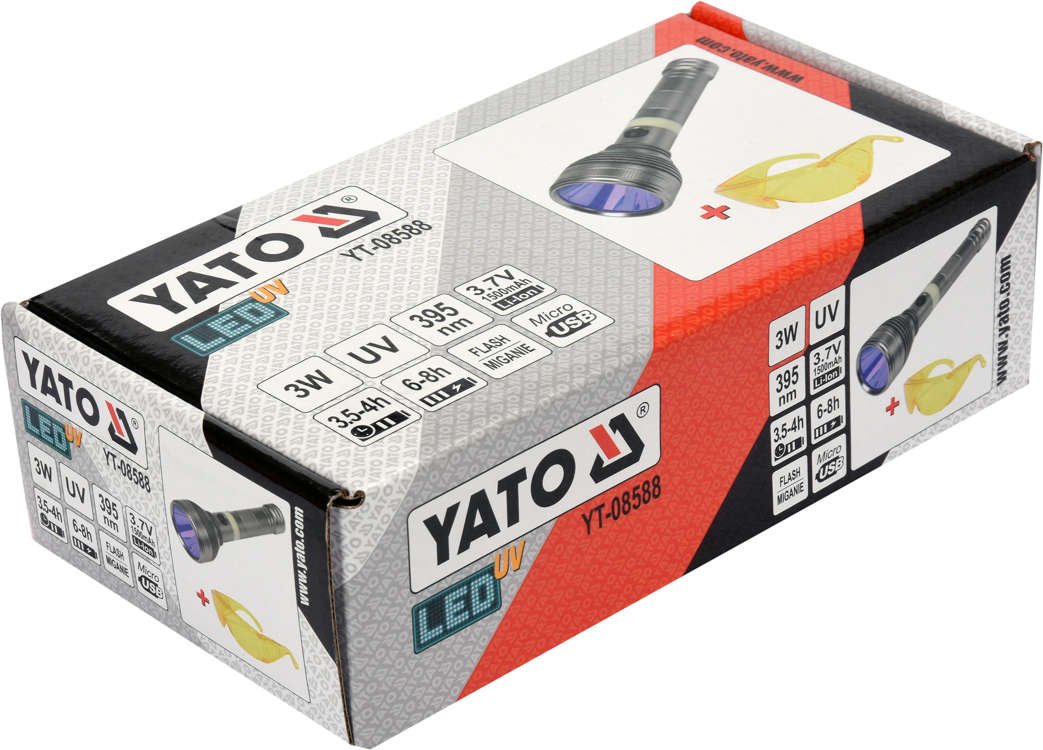 UV žibintuvėlis akumuliatorinis | LI-ION 3.7V | 1500 mAh + akiniai (YT-08588)