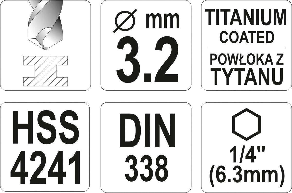 Grąžtas metalui su Hex 6.3 mm (1/4") galu HSS-TiN | 3.2 mm (YT-44755)