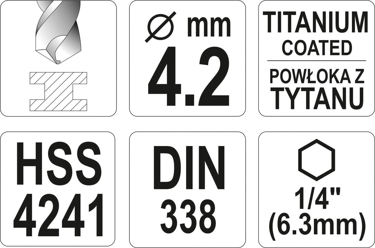 Сверло по металлу с хвостовиком Hex 6.3 mm (1/4") HSS-TiN | 4.2 mm