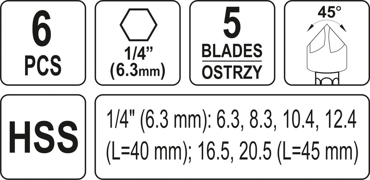6 PCS COUNTERSINK 6,30-20,50MM HEX (YT-44729)