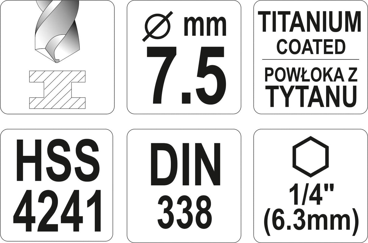 Сверло по металлу с шестигранным хвостовиком 6.3 mm (1/4") HSS-TiN | 7.5 mm