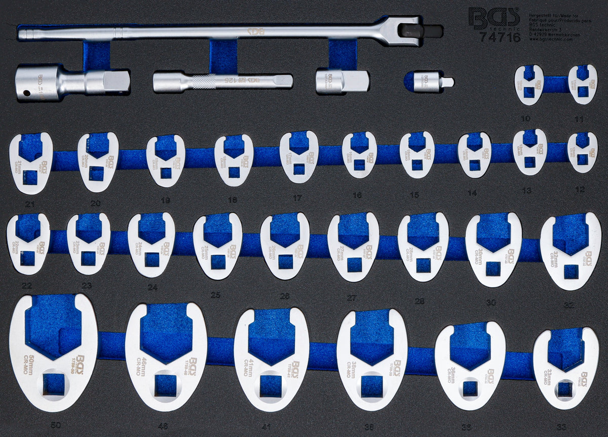 Įrankių dėklas 3/3: šoniniai raktai | | 10 mm (3/8"), 12.5 mm (1/2"), 20 mm (3/4") Drive | 10 - 50 mm | 32 vnt (74716)