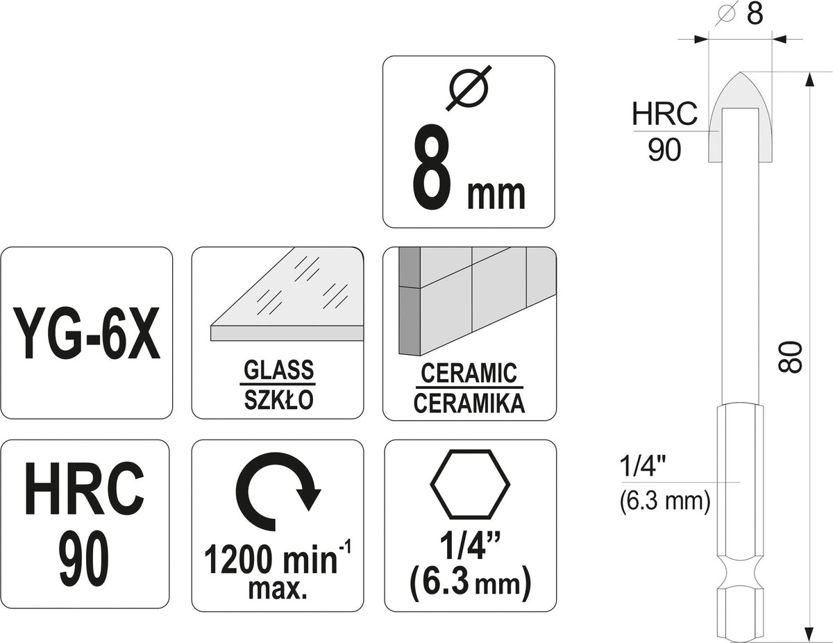 Grąžtas stiklui ir keramikai | 6.3 mm (1/4") galu | 8 mm (21704)