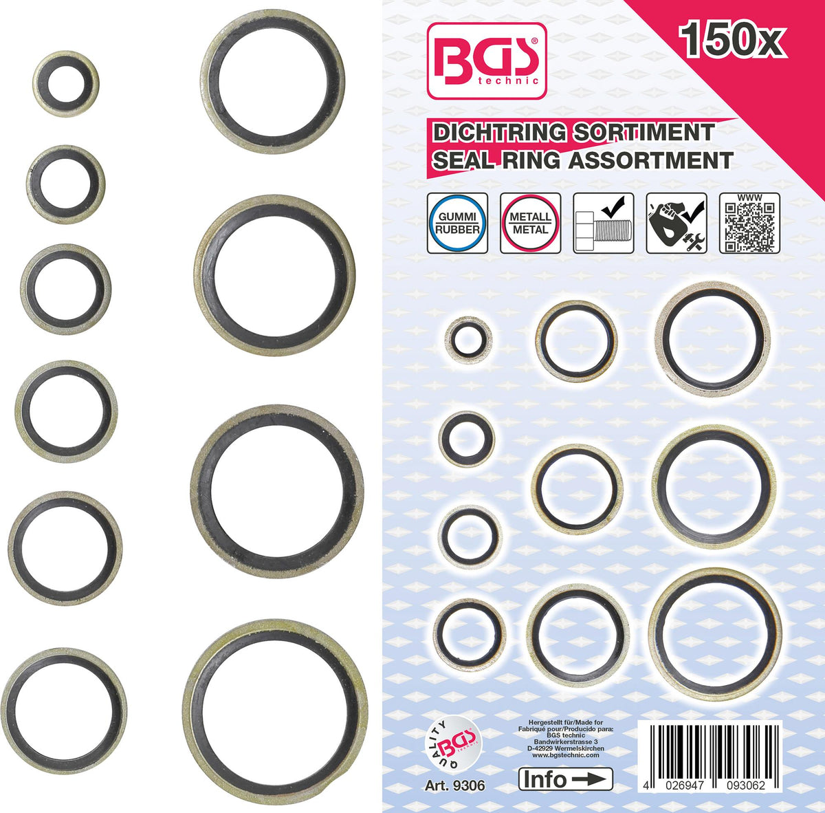 SEAL RING ASSORTMENT | METAL | WITH RUBBER SEALING BEAD | 150 PCS. (9306)