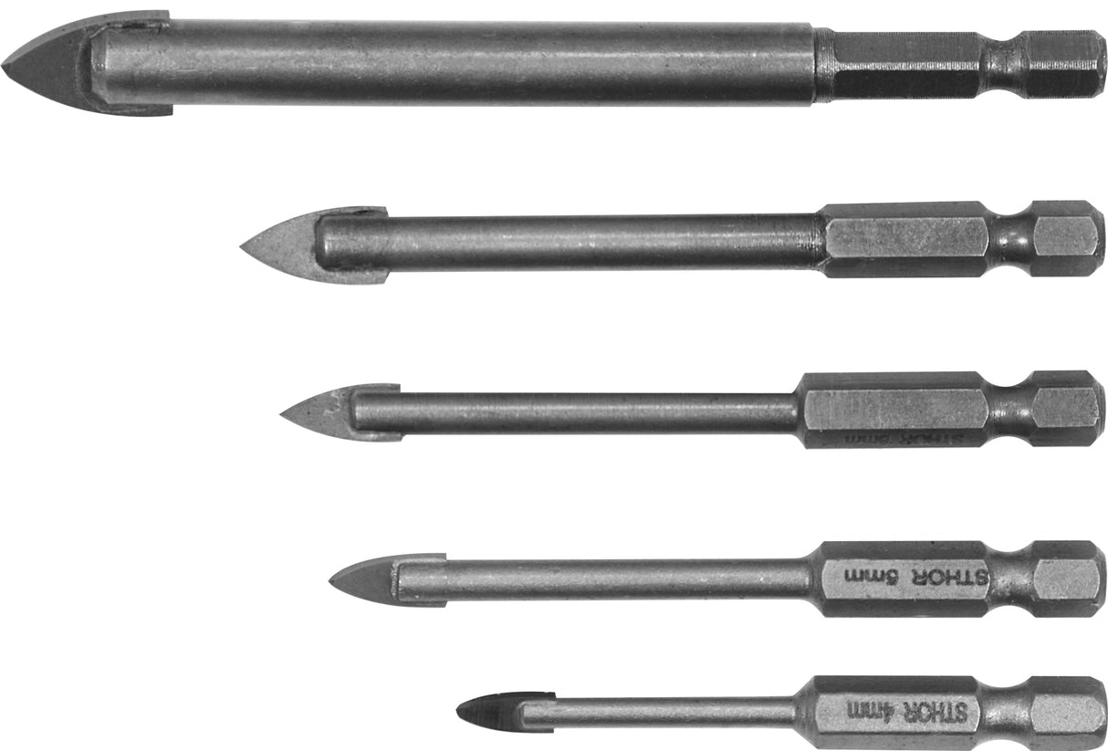 Grąžtų rinkinys stiklui ir keramikai | 6.3 mm (1/4") galu | 4-10 mm | 5 vnt. (21709)