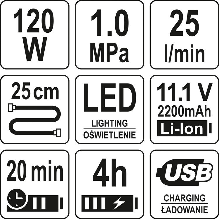 Akumuliatorinis kompresorius | 120W | LED | 150PSI | 25 L/MIN | LI-ION 11,1V 6000MAH | USB (YT-82950)