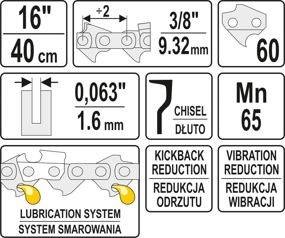Grandinė pjūklui 16" 3/8" 0,063" 60 dantys (YT-84955)