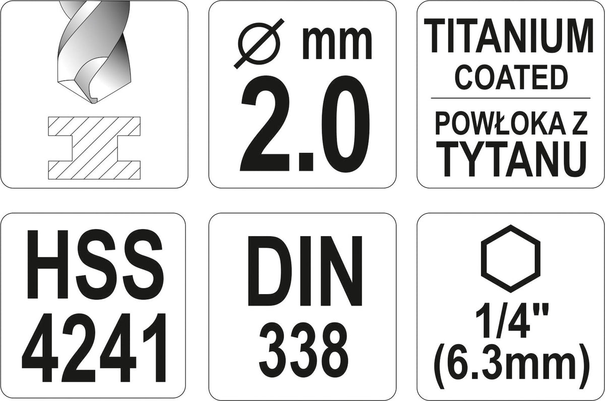 Сверло по металлу с хвостовиком Hex 6.3 mm (1/4") HSS-TiN | 2.0 mm