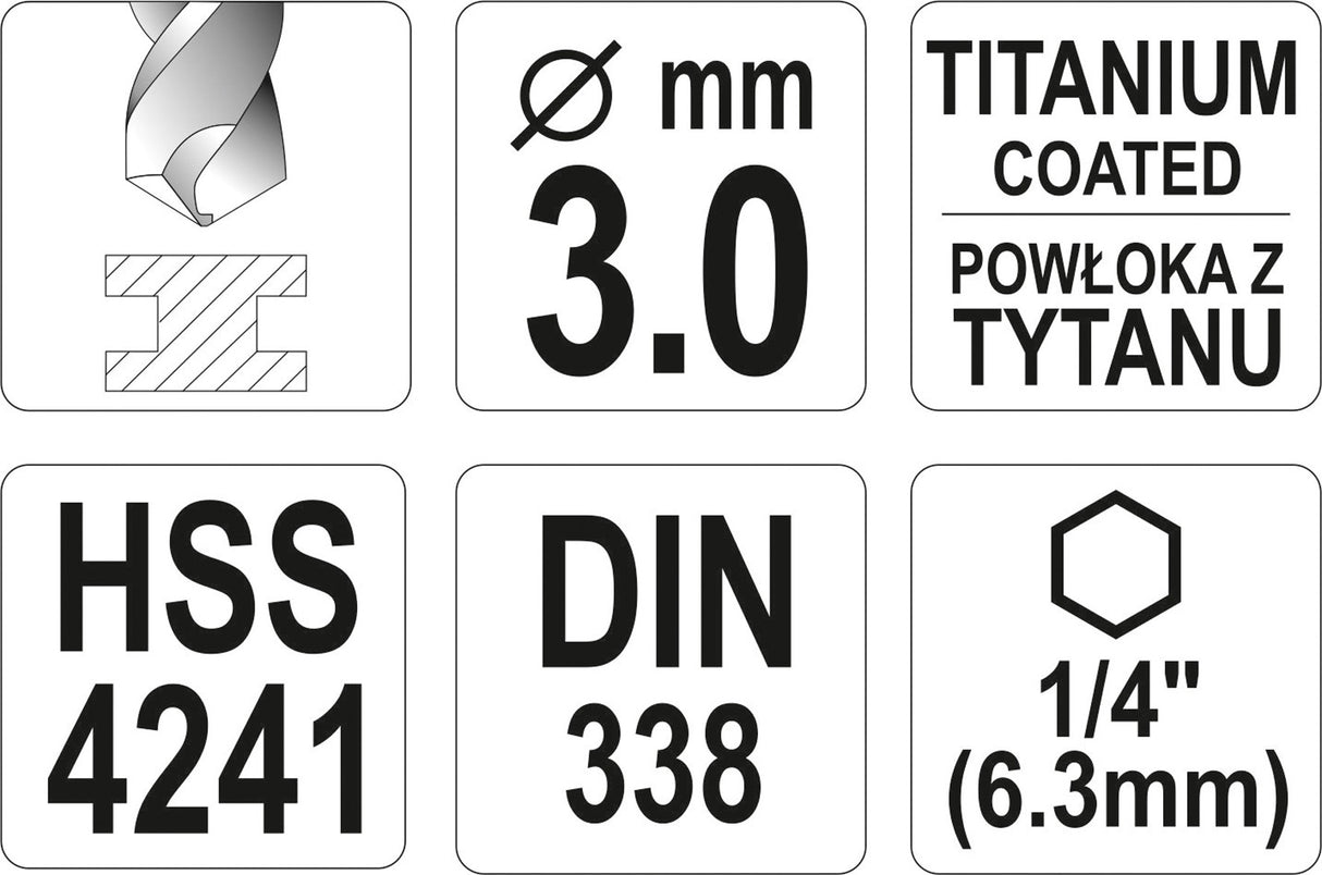 Сверло по металлу с хвостовиком Hex 6.3 mm (1/4") HSS-TiN | 3.0 mm