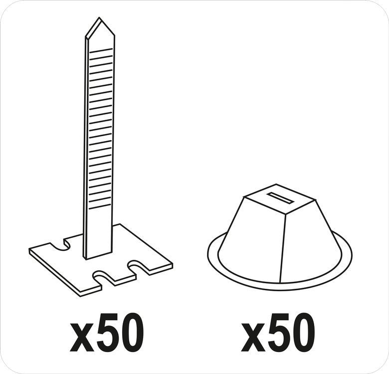 Plytelių išlyginimo sistema / Juostos ir puodeliai plytelių lyginimui | 50+50 vnt | 100 vnt. (04683)