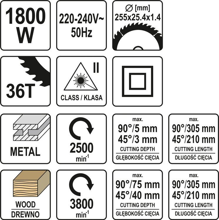 MITRE SAW 255MM WOOD/METAL 1800W 2SPEED (YT-82174)