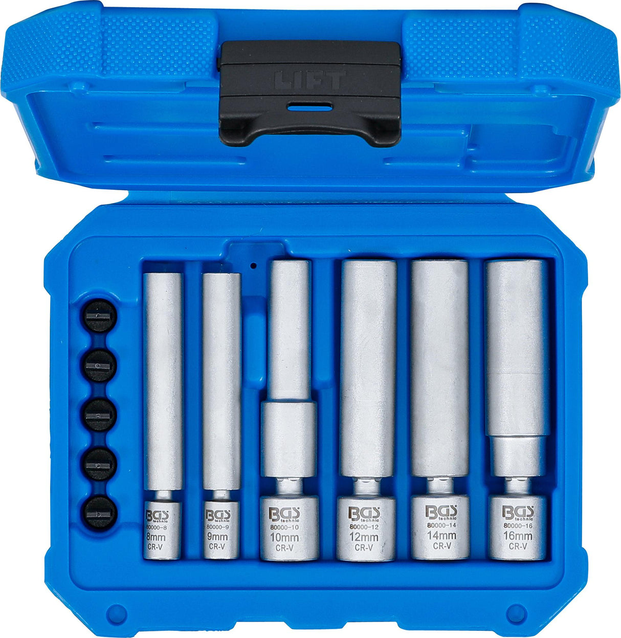 Kaitinimo ir uždegimo žvakių galvučių rinkinys | šarnyrinės | 6,3 mm (1/4") / 10 mm (3/8") | 8 - 9 - 10 - 12 - 14 - 16 mm | 11 vnt. (80000)
