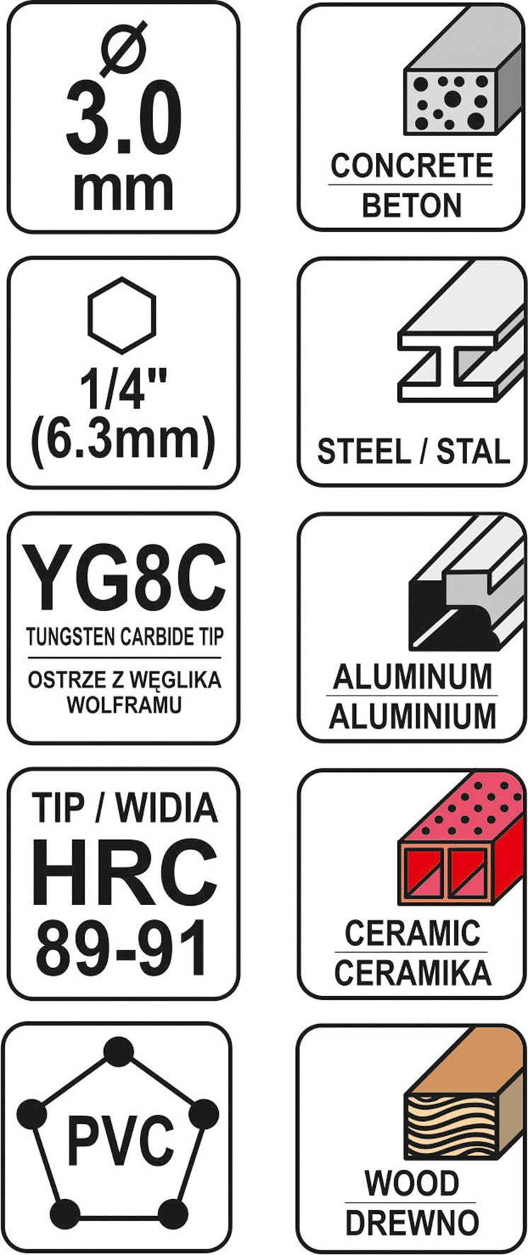 Grąžtas universalus su Hex 6.3 mm (1/4") galu | 3.0 mm (YT-44780)