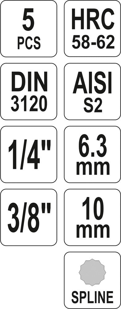 Įpresuotų antgalių rinkinys 1/4"+3/8", 5 vnt Spline M5 - M12 (YT-04360)