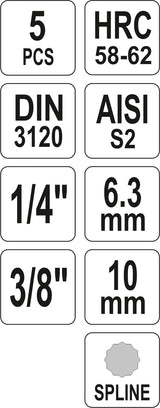 Įpresuotų antgalių rinkinys 1/4"+3/8", 5 vnt Spline M5 - M12 (YT-04360)