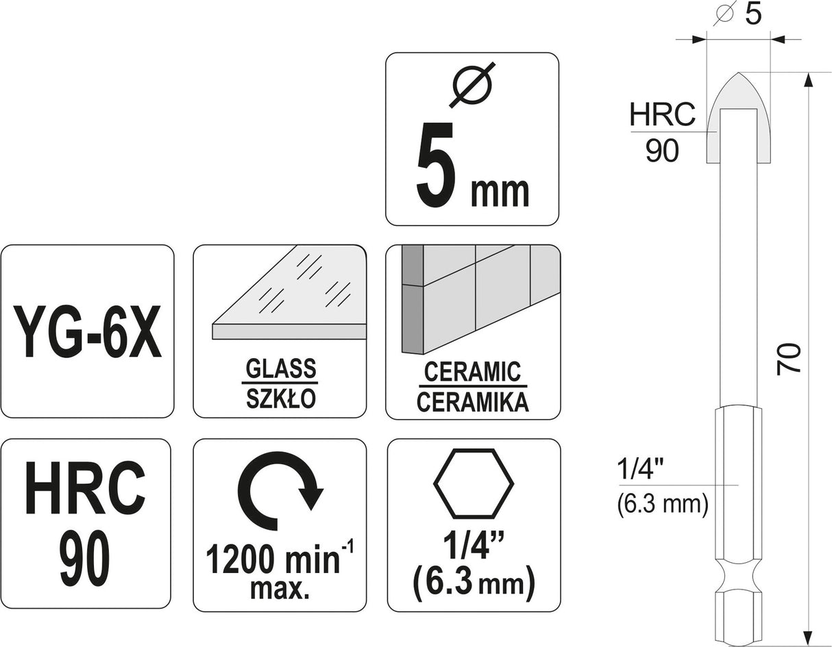 Grąžtas stiklui ir keramikai | 6.3 mm (1/4") galu | 5 mm (21702)