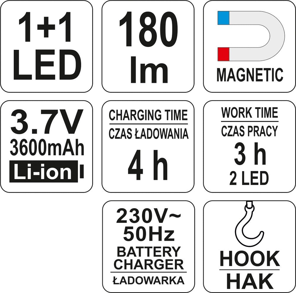 Darbo lempa | COB+1Led / 180 LUM | LED MAGNET | Aku Li-Ion (YT-08502)