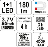 Darbo lempa | COB+1Led / 180 LUM | LED MAGNET | Aku Li-Ion (YT-08502)
