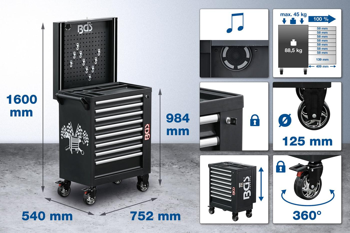 Įrankių spintelė | bluetooth | USB | antena | LED | 8 stalčiai | su 263 įrankiais (4106)