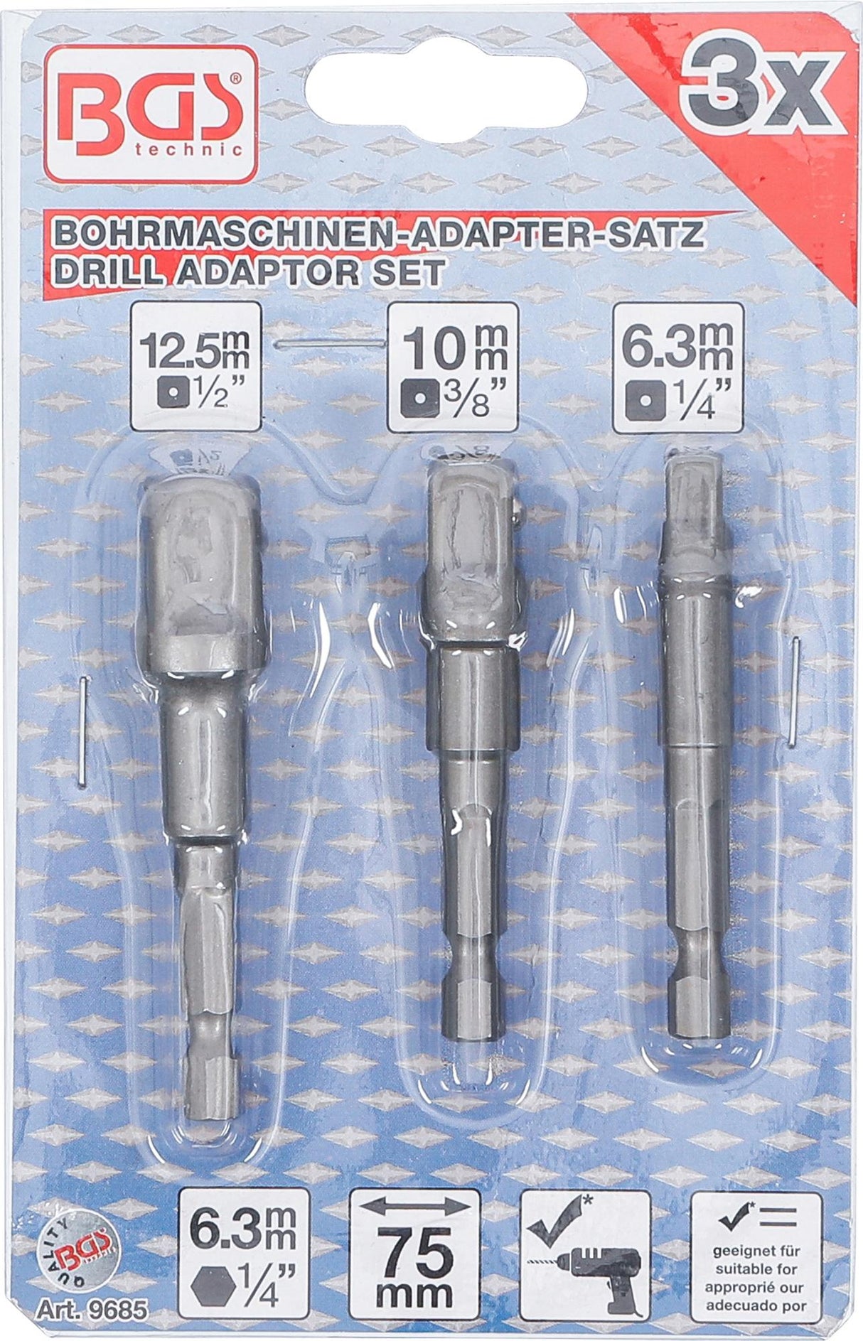 Adapterių komplektas | 6.3 mm (1/4") antgalis | 6.3 mm (1/4") / 10 mm (3/8") / 12,5 mm (1/2") | 3 vnt. (9685)