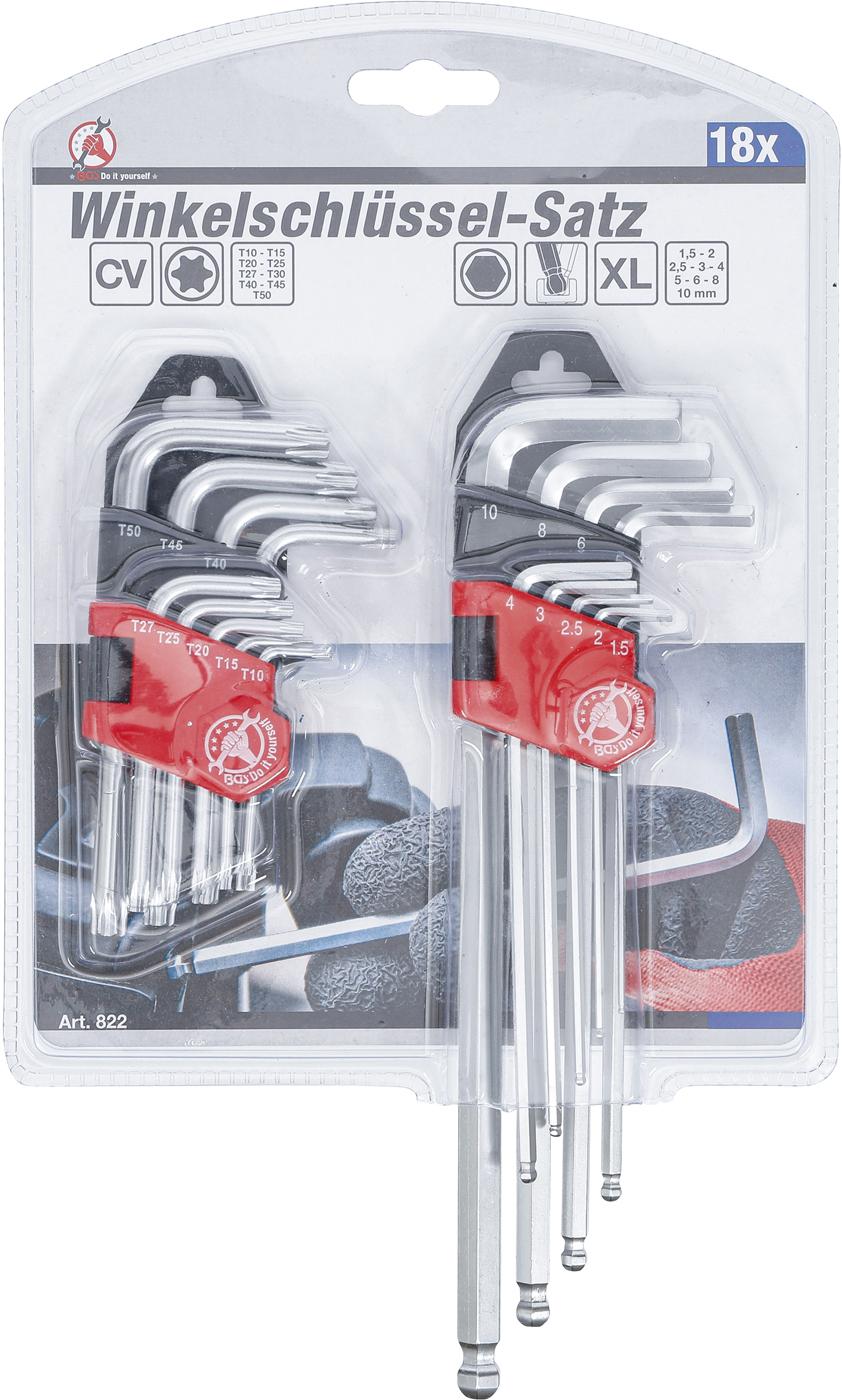 L tipo raktų rinkinys | ilgi | T-Star (Torx) T10 - T50 / Hex šešiakampis 1,5 - 10 mm | 18 vnt. (822)