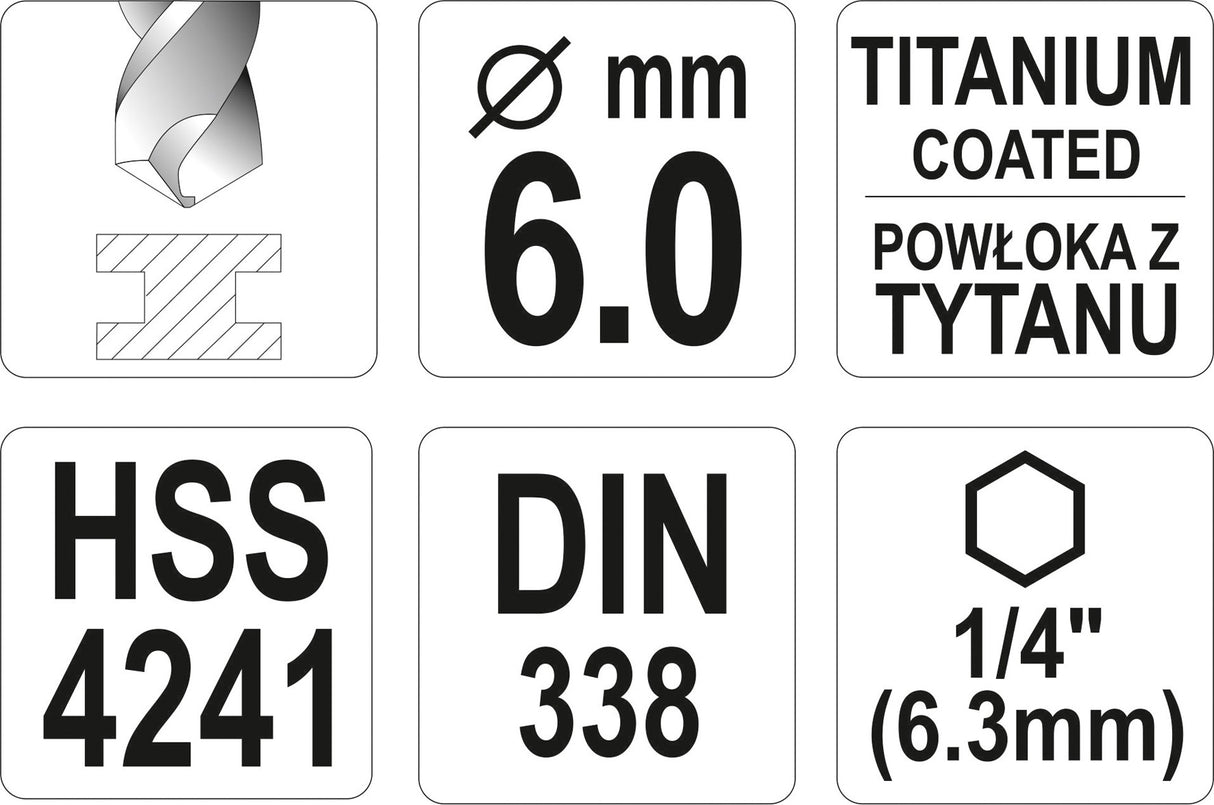 Grąžtas metalui su Hex 6.3 mm (1/4") galu HSS-TiN | 6.0 mm (YT-44764)