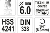 Grąžtas metalui su Hex 6.3 mm (1/4") galu HSS-TiN | 6.0 mm (YT-44764)
