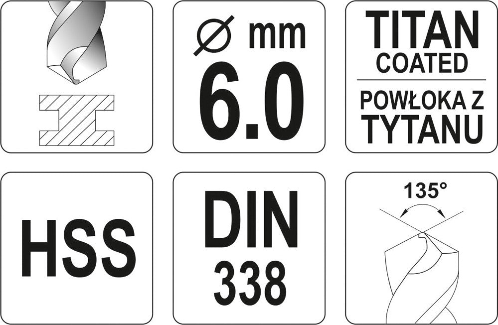 Grąžtas metalui HSS-TIN 6.0 mm (YT-44654)