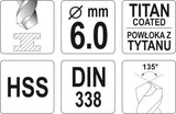 Grąžtas metalui HSS-TIN 6.0 mm (YT-44654)