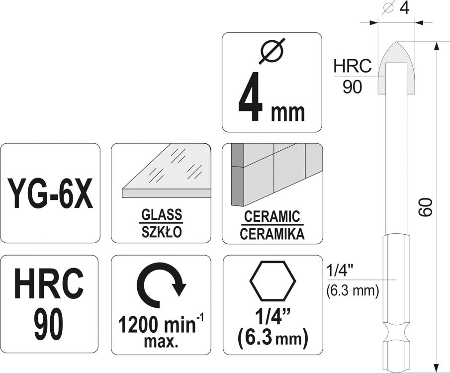 Grąžtas stiklui ir keramikai | 6.3 mm (1/4") galu | 4 mm (21701)