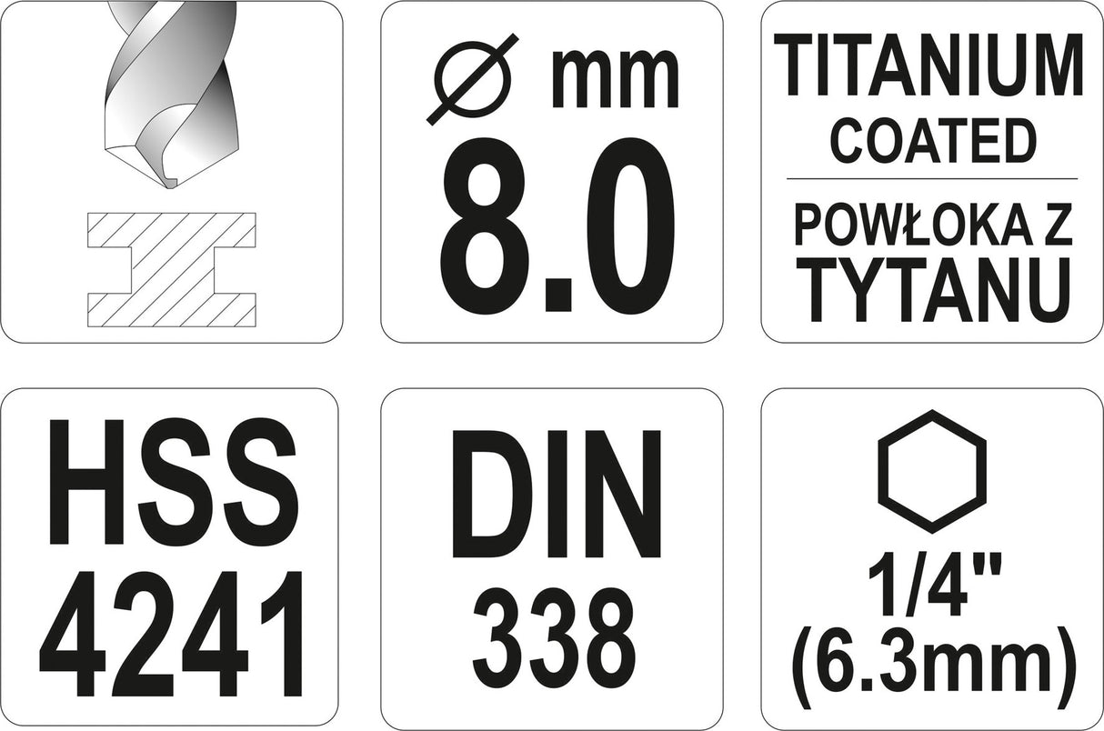 Grąžtas metalui su Hex 6.3 mm (1/4") galu HSS-TiN | 8.0 mm (YT-44768)