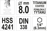 Grąžtas metalui su Hex 6.3 mm (1/4") galu HSS-TiN | 8.0 mm (YT-44768)