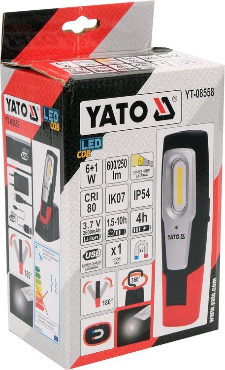 Darbo lempa akumuliatorinė | 6W COB, 600LM + 250LM, LI-ION 3.7V 2600MAH, IK07, IP54, CRI80 (YT-08558)
