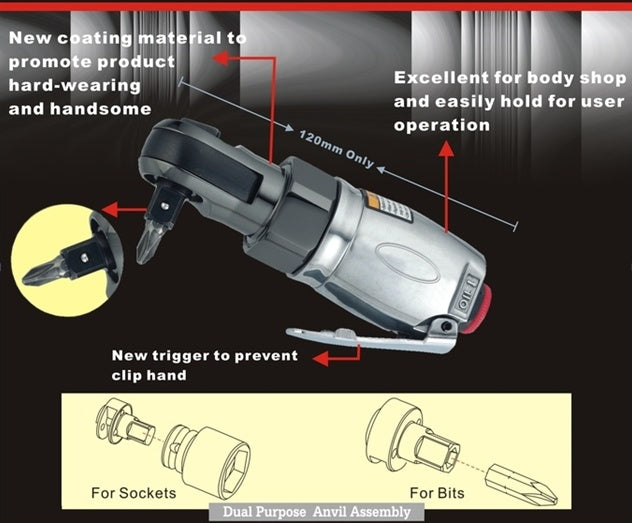 PNEUMATIC RATCHET | 10 MM (3/8") | 1/4" (6.3 MM) BITS | 12 CM | 42 NM (H2602)