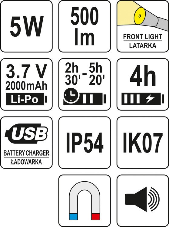 Darbo lempa akumuliatorinė | 500LM, LI-PO 3.7V 2000MAH, 3 in 1 | 500lm (YT-08557)