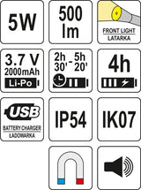 Darbo lempa akumuliatorinė | 500LM, LI-PO 3.7V 2000MAH, 3 in 1 | 500lm (YT-08557)