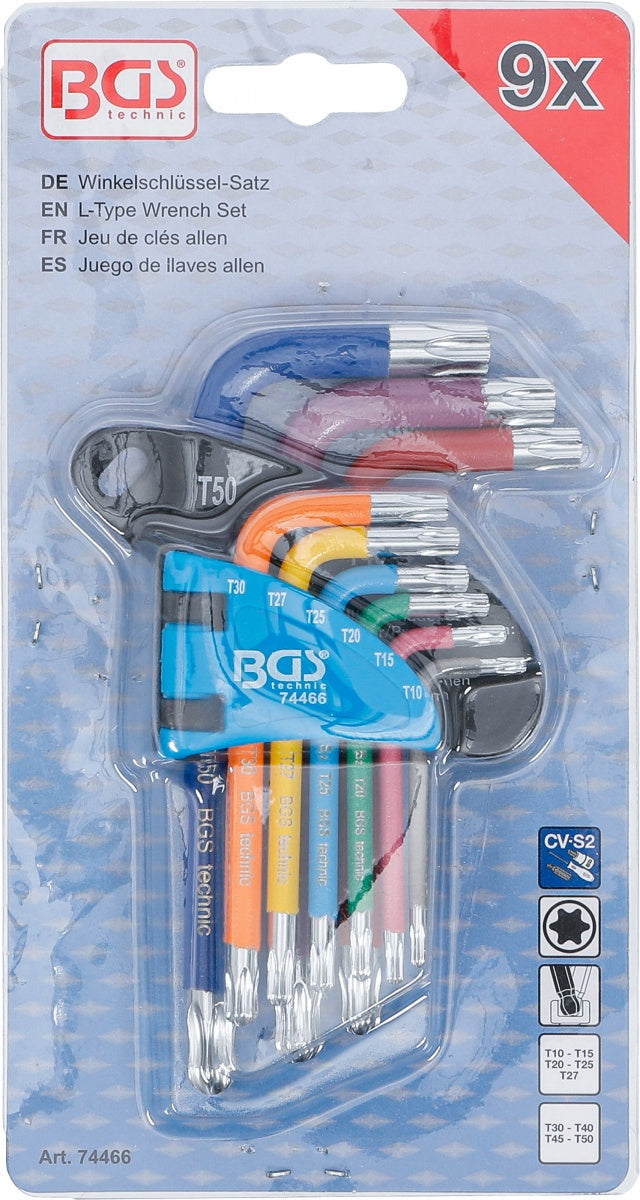 L-TYPE WRENCH SET | MULTICOLOUR | SHORT | T-STAR (FOR TORX) WITH BALL HEAD T10 - T50 | 9 PCS. (74466)