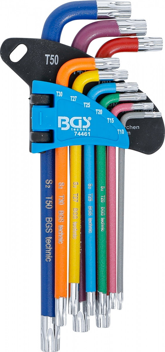 L tipo raktų rinkinys | spalvoti | T-Star su skylutėm (Torx) T10 - T50 | 9 vnt. (74461B)