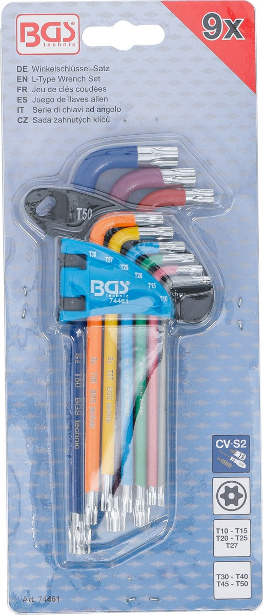 L tipo raktų rinkinys | spalvoti | T-Star su skylutėm (Torx) T10 - T50 | 9 vnt. (74461B)