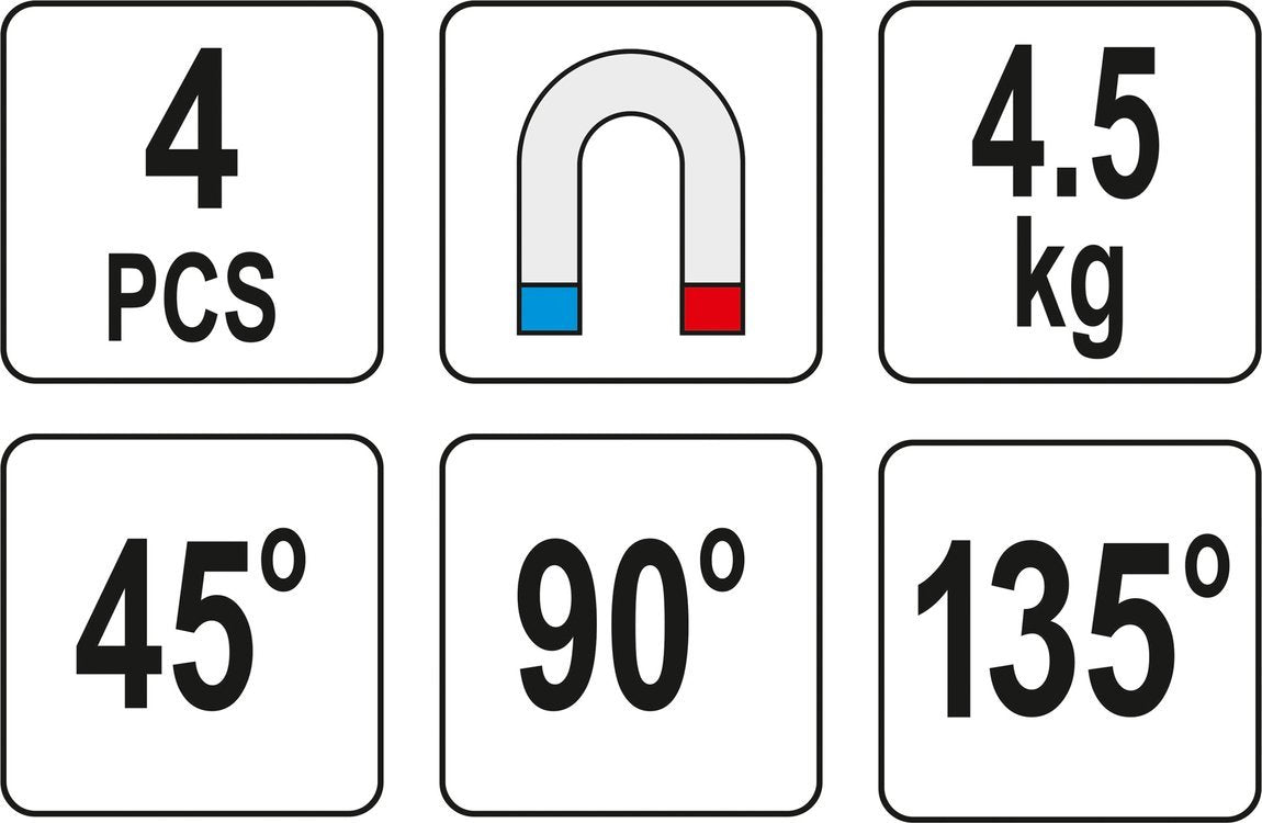 Magnetinių laikiklių rinkinys | 45° - 90° - 135° | 4 vnt. (YT-08677)
