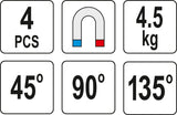 Magnetinių laikiklių rinkinys | 45° - 90° - 135° | 4 vnt. (YT-08677)