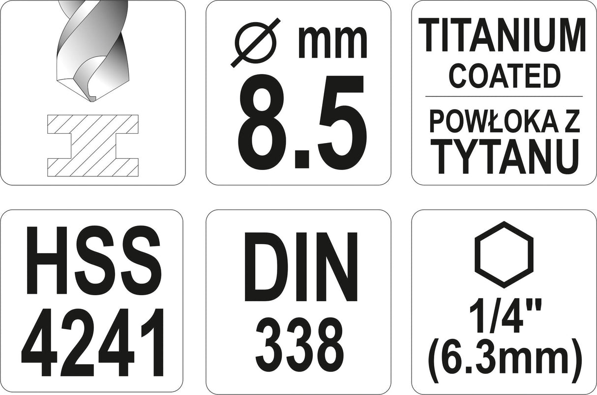 Grąžtas metalui su Hex 6.3 mm (1/4") galu HSS-TiN | 8.5 mm (YT-44769)
