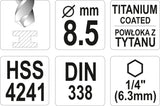 Grąžtas metalui su Hex 6.3 mm (1/4") galu HSS-TiN | 8.5 mm (YT-44769)