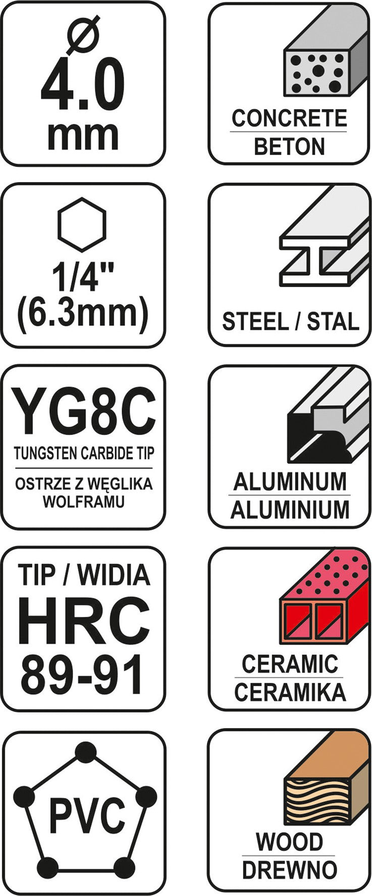 Grąžtas universalus su Hex 6.3 mm (1/4") galu | 4.0 mm (YT-44781)